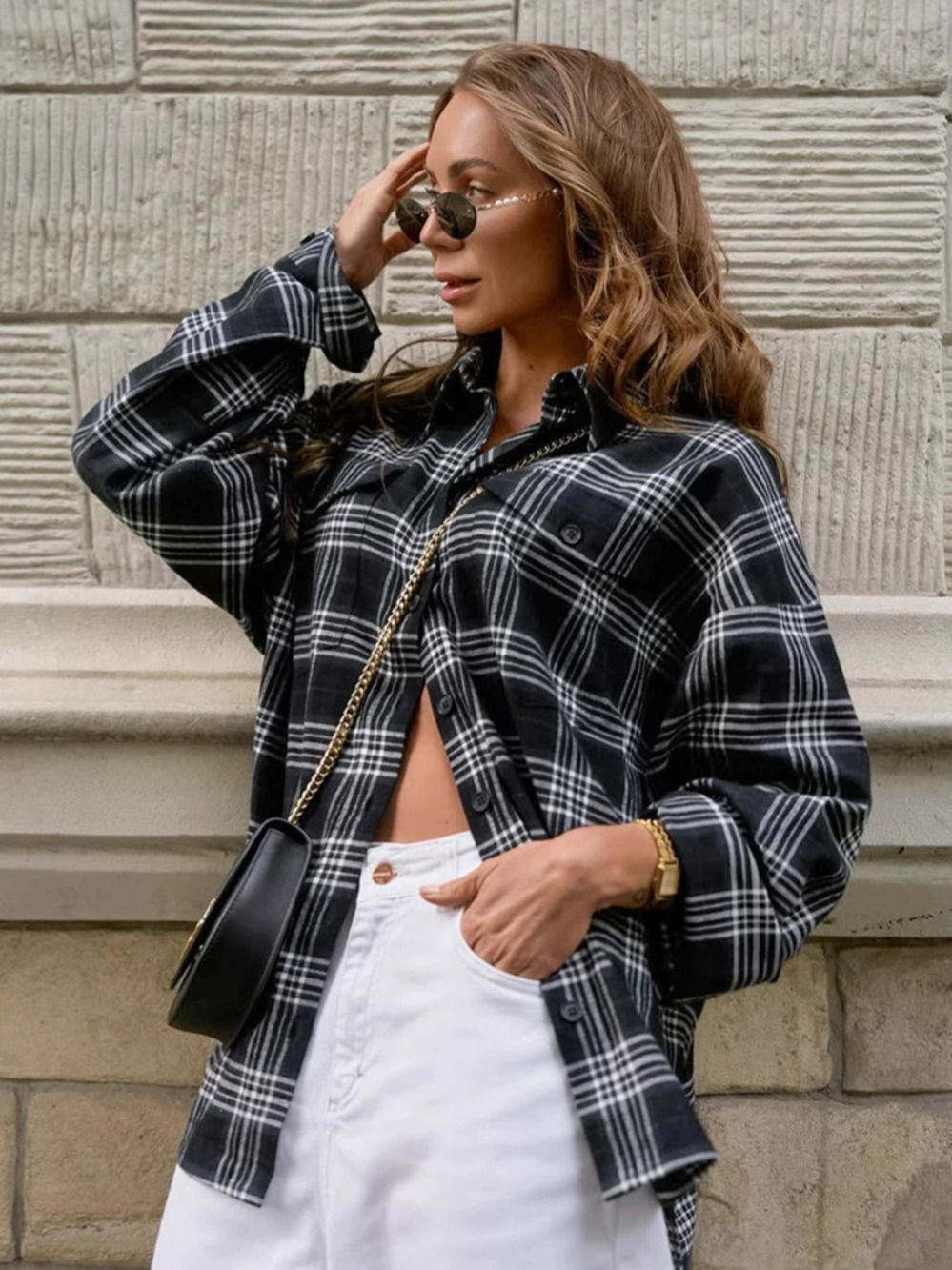 Forever 21 Black White Plaid Shirt Fall Streetwear Loose Layering